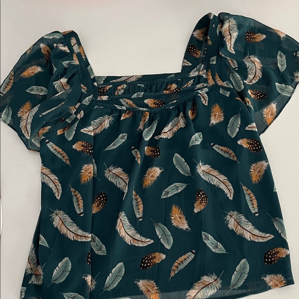 LOFT Feather Print Teal Blouse